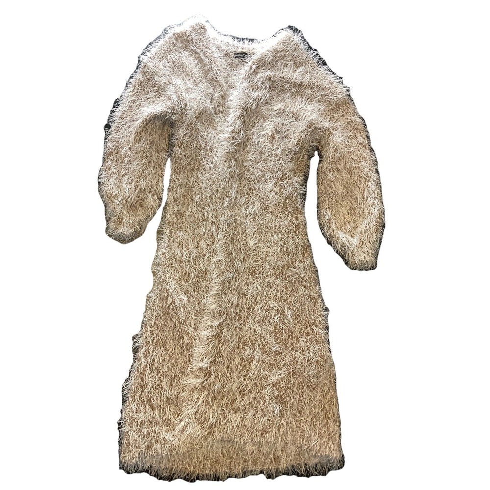 Women's Shaggy Beige Fluffy Long Duster Cardigan Size XS/S - Picture 2 of 8